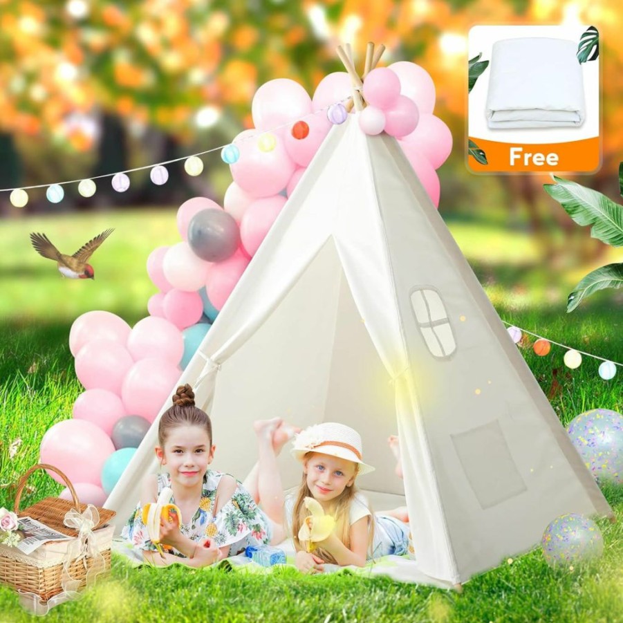 Moncoland | Kids Teepee Tent For Kids With Carry Case Colored Bunting And Feathers, Portable Kid Play Tent Toys For Boys And Girls, Foldable Toddler Tipi Playhouse Indoor And Outdoor Games For Birthday