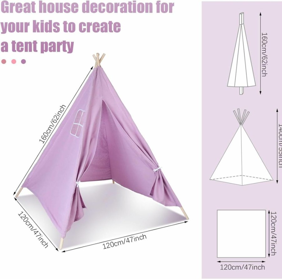 Windyun | Windyun 4 Pack Teepee Tents For Kids, Play Tipi Tent For Children Boys Girls, Indoor Outdoor Toddler Sleepover Tents Foldable Washable Cotton Canvas Playhouse For Slumber Party(White, 53.2 Inch)