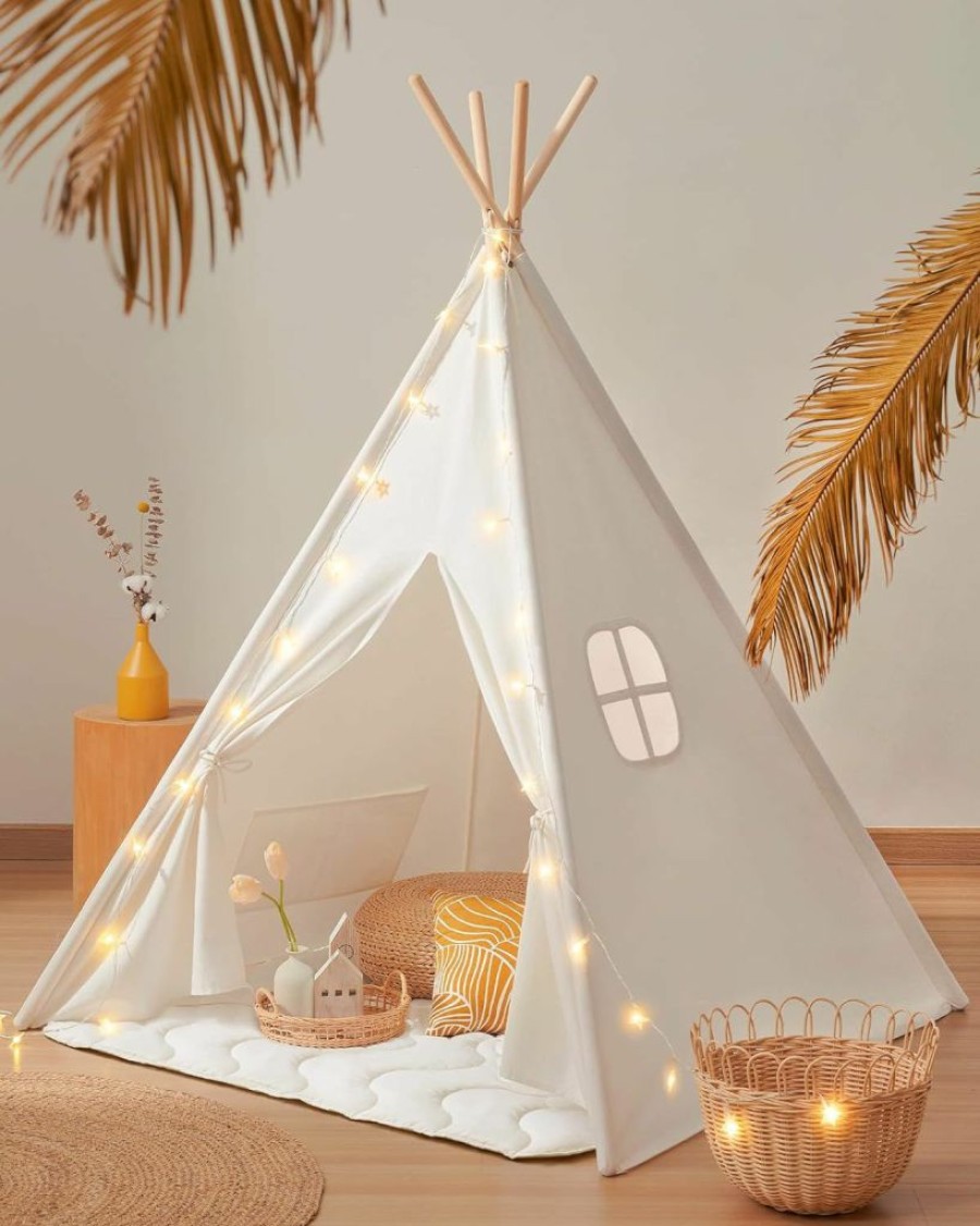 Tiny Land | Kids-Teepee-Tent With Lights & Campfire Toy & Carry Case, Natural Cotton Canvas Toddler Tent - Washable Foldable Teepee Tent For Kids Indoor Tent, Outdoor Play Tent For Girls & Boys