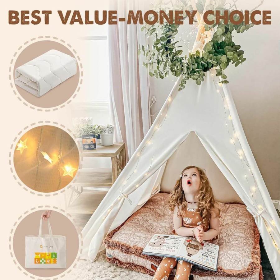 Tiny Land | Kids-Teepee-Tent With Lights & Campfire Toy & Carry Case, Natural Cotton Canvas Toddler Tent - Washable Foldable Teepee Tent For Kids Indoor Tent, Outdoor Play Tent For Girls & Boys