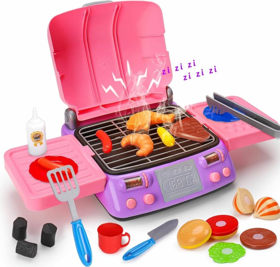 AugToy | Kids Bbq Grill Playset With Smoke Sound Light Play Kitchen Set Age 2-4 3-5 4-8 Pretend Food Barbecue Cooking Toy For 2 3 4 5 6 Year Old Girl Birthday