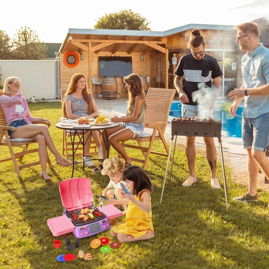 AugToy | Kids Bbq Grill Playset With Smoke Sound Light Play Kitchen Set Age 2-4 3-5 4-8 Pretend Food Barbecue Cooking Toy For 2 3 4 5 6 Year Old Girl Birthday