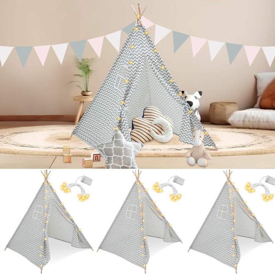 Berlune | Berlune Teepee Tents For Kids Cotton Canvas Play Tents With 10Ft Led String Lights Indoor Outdoor Teepee Play Tents Kids Tipi Tents For Girls Boys Party Favor(Black And White,Ridge)