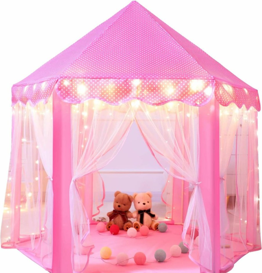 Sumbababy | Sumbababy Princess Castle Tent For Girls Fairy Play Tents For Kids Hexagon Playhouse With Fairy Star Lights Toys For Children Or Toddlers Indoor Or Outdoor Games (Pink)