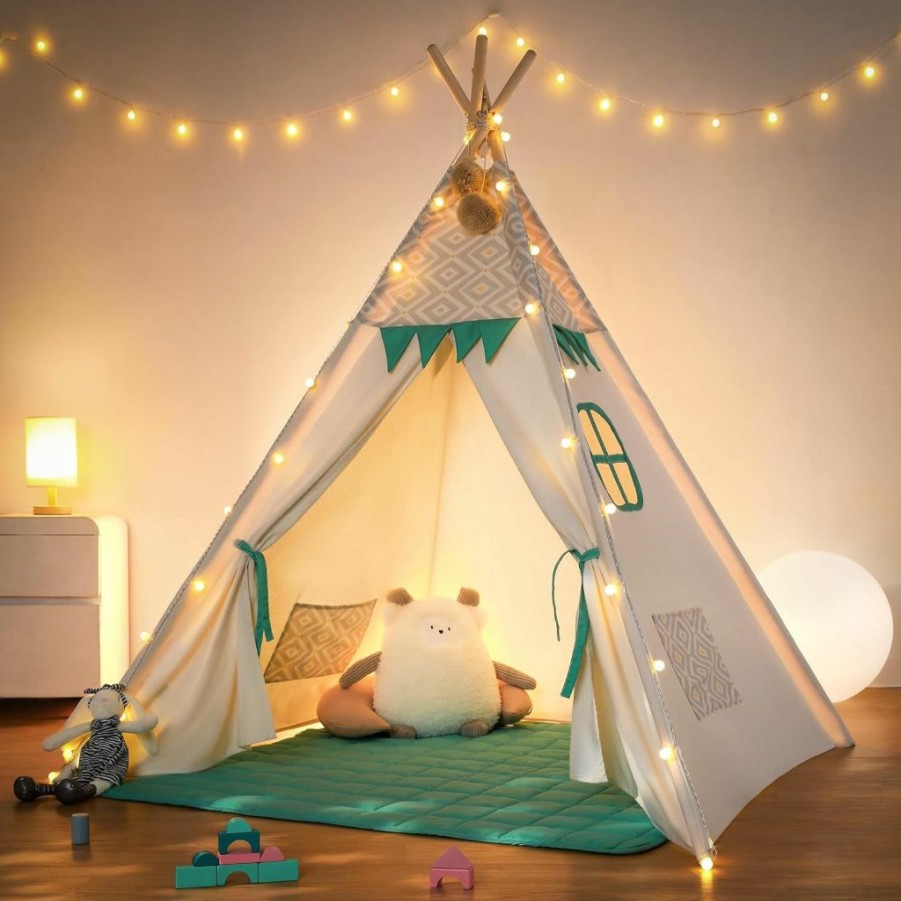 besrey | Teepee Tent For Kids With Light & Mat,Besrey Kids Tents Indoor Play Tent Playhouse, Toddler Teepee 100% Cotton, Tee Pee Tents For Kids Indoor, Kids Teepee,Children Room Tent