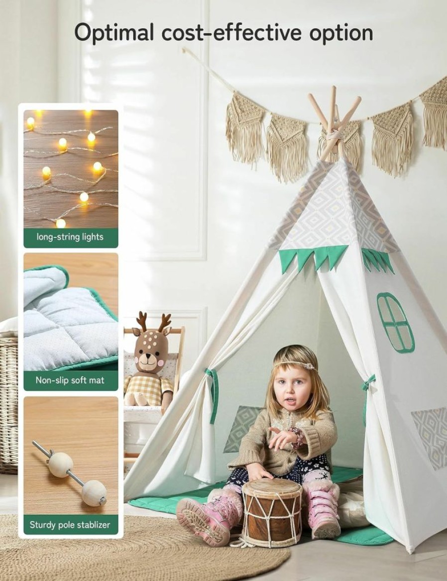 besrey | Teepee Tent For Kids With Light & Mat,Besrey Kids Tents Indoor Play Tent Playhouse, Toddler Teepee 100% Cotton, Tee Pee Tents For Kids Indoor, Kids Teepee,Children Room Tent