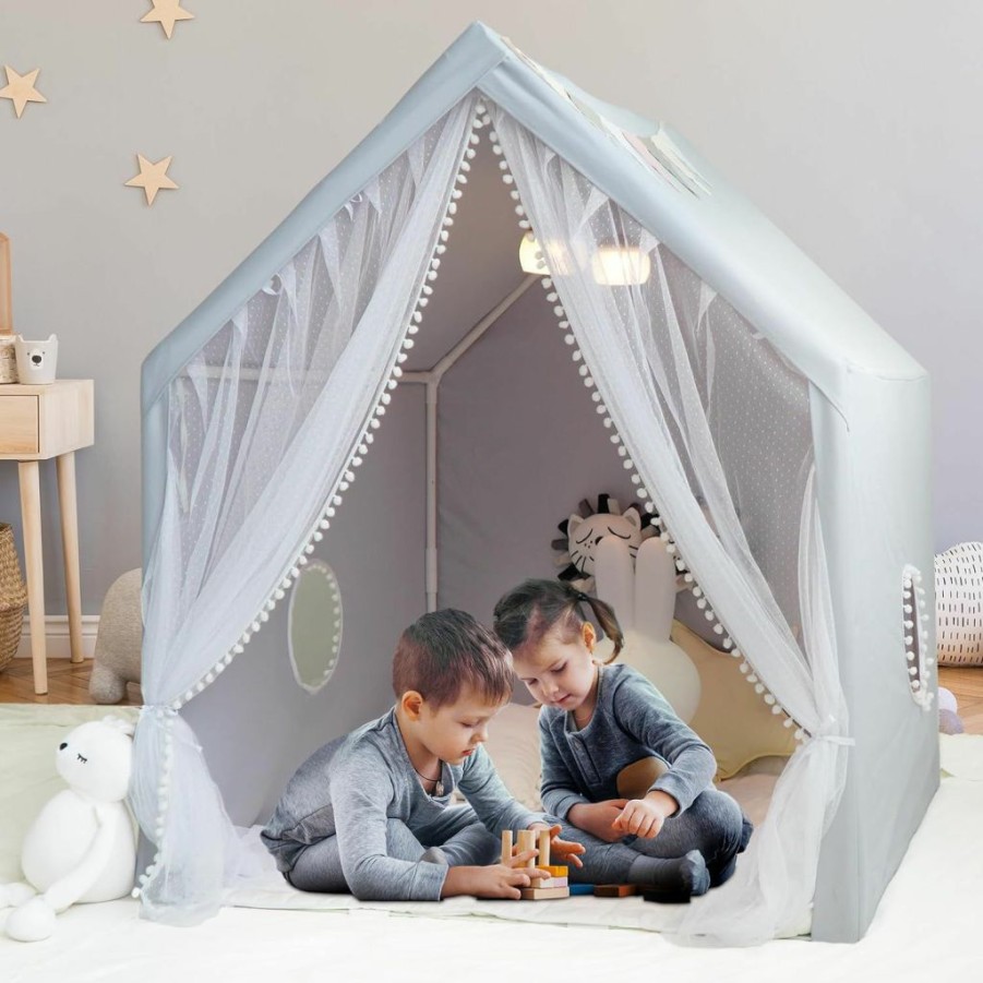 RONGFA | Play Tent With Padded Mat & Lights & Carry Bag & Flag, Large Playhouse For Kids,Indoor Outdoor With Windows Children Tent, Girls Boys Playhouses, 52"X35"X 52" Machine Washable, Neutral Color