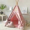 Generic | Play Tent Foldable Cotton Canvas Kids Teepee Tent With White Pom Pom Indoor Tipi Play Tent For Children Grils Playhouse With Carry Bag Without Mat