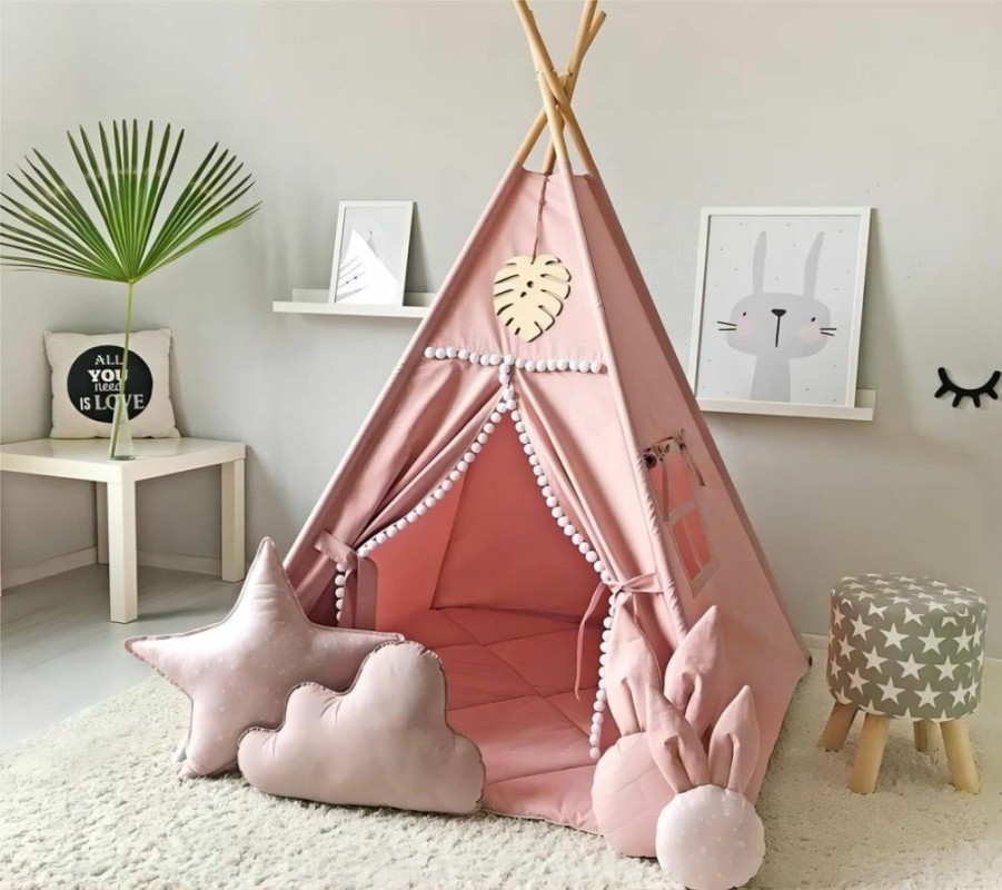 Generic | Play Tent Foldable Cotton Canvas Kids Teepee Tent With White Pom Pom Indoor Tipi Play Tent For Children Grils Playhouse With Carry Bag Without Mat