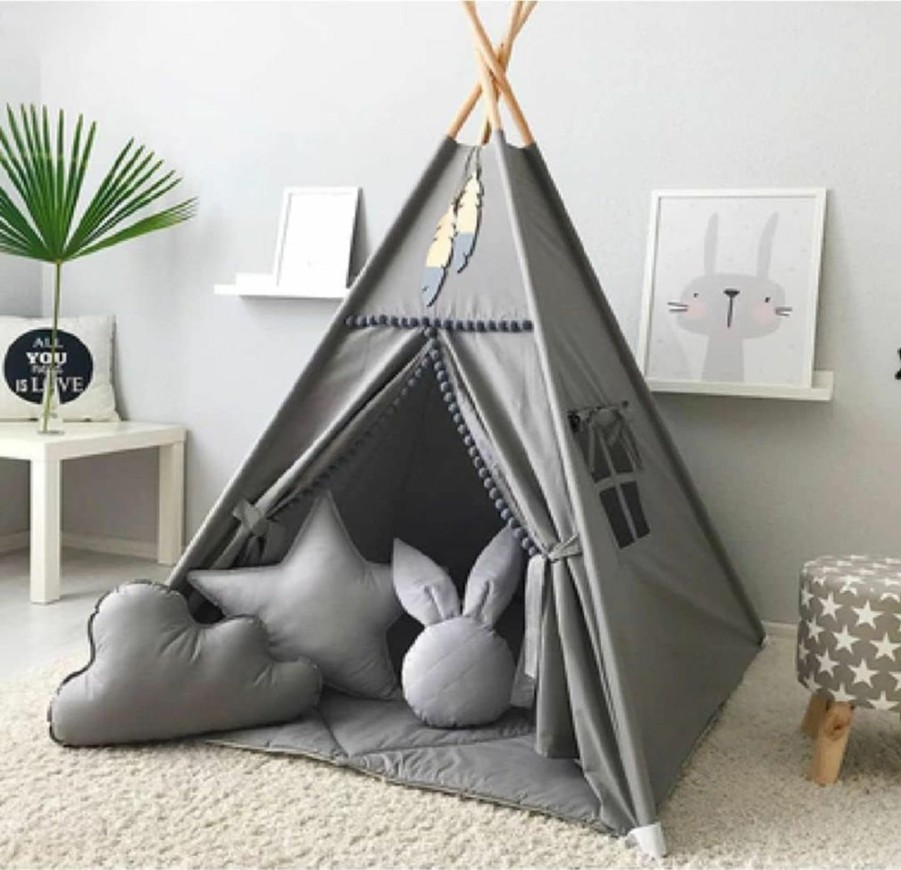 RONGFA | Rongfa Play Tent Teepee Tent For Kids With Mat Cotton Canvas Playhouse, Portable Children Play Tent Indoor Outdoor(Grey)