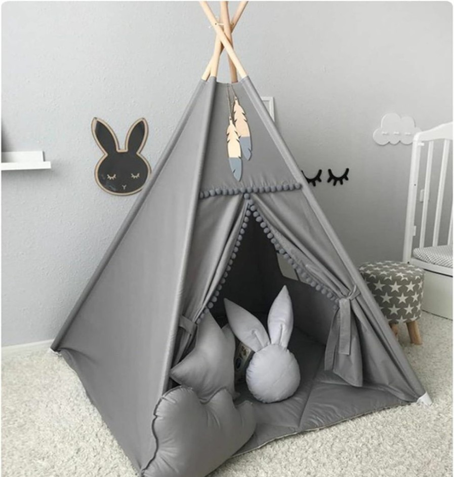 RONGFA | Rongfa Play Tent Teepee Tent For Kids With Mat Cotton Canvas Playhouse, Portable Children Play Tent Indoor Outdoor(Grey)