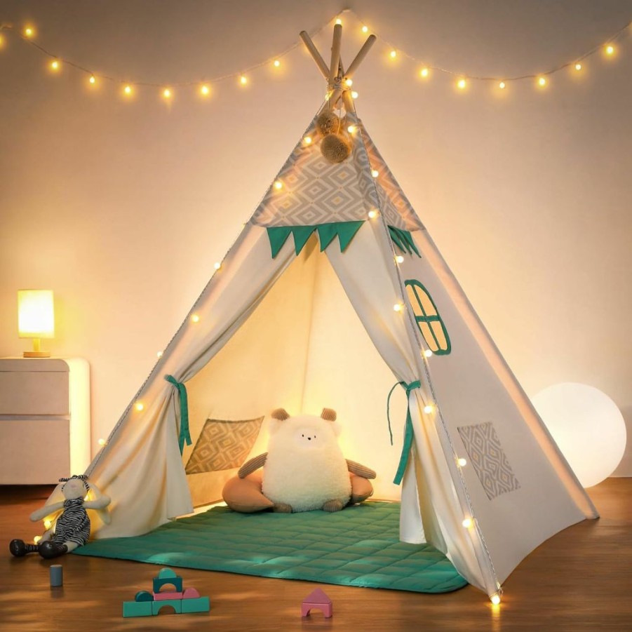 besrey | Kids Play Teepee Tent With Lights And Padded Mat - Portable Cotton Tipi For Indoor Reading And Playtime