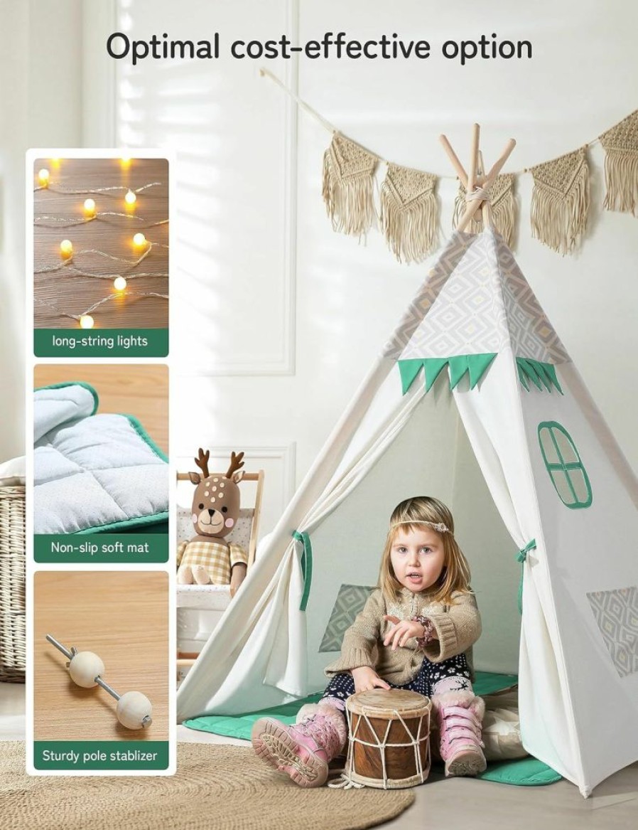 besrey | Kids Play Teepee Tent With Lights And Padded Mat - Portable Cotton Tipi For Indoor Reading And Playtime