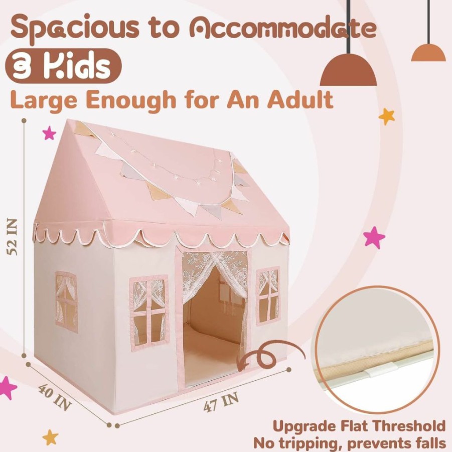 XIAOSHIHOU | Kids Play Tent With Non-Slip Mat, Star Lights, Decorating Flag, Lace Curtains Playhouse With 4 Windows, Machine Washable, Indoor And Outdoor Play Tent For Kids, Girls, Brown, 47\" X 40\" X 52\"