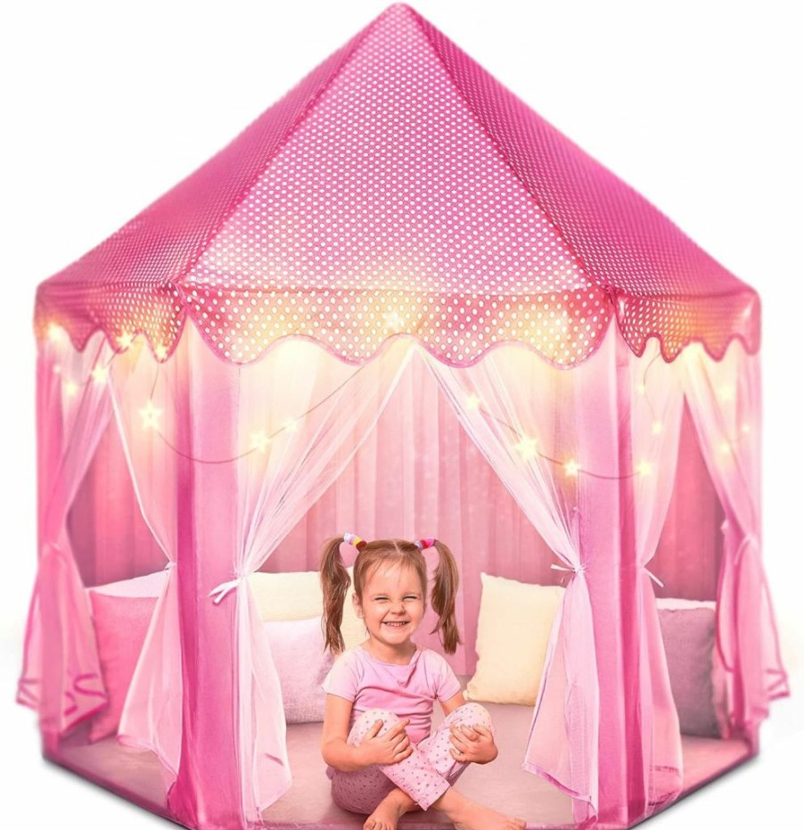 FoxPrint | Foxprint Castle Princess Tents For Little Girls With Lights, Soft Fairy Star Lighting For Indoor And Outdoor Play, Quick 55" X 53" Pop Up Canopy, Relaxation And Creative Space For Kids, Pink