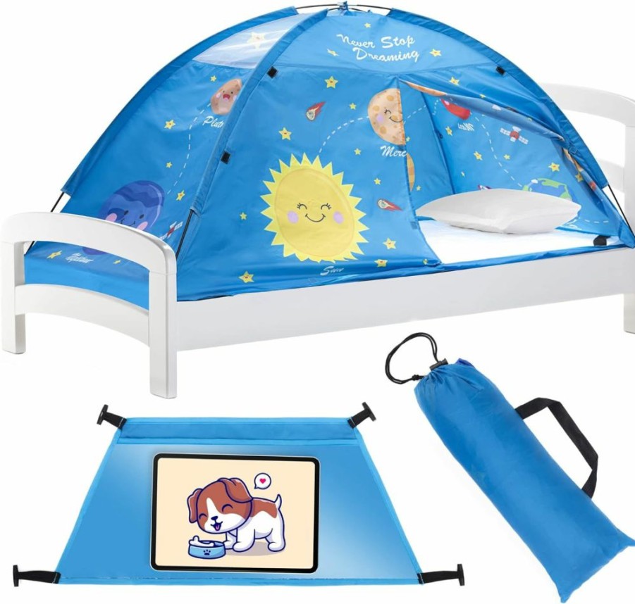 KB Mlotek | Solar System For Kids Bed Tent Twin Size Mattress - Perfect Outer Space Themed Bedroom Decor - Privacy Pop Up Space Tent Has Planet Earth, Rockets, Stars | Indoor Fort Childrens Play Tent Bunk Canopy