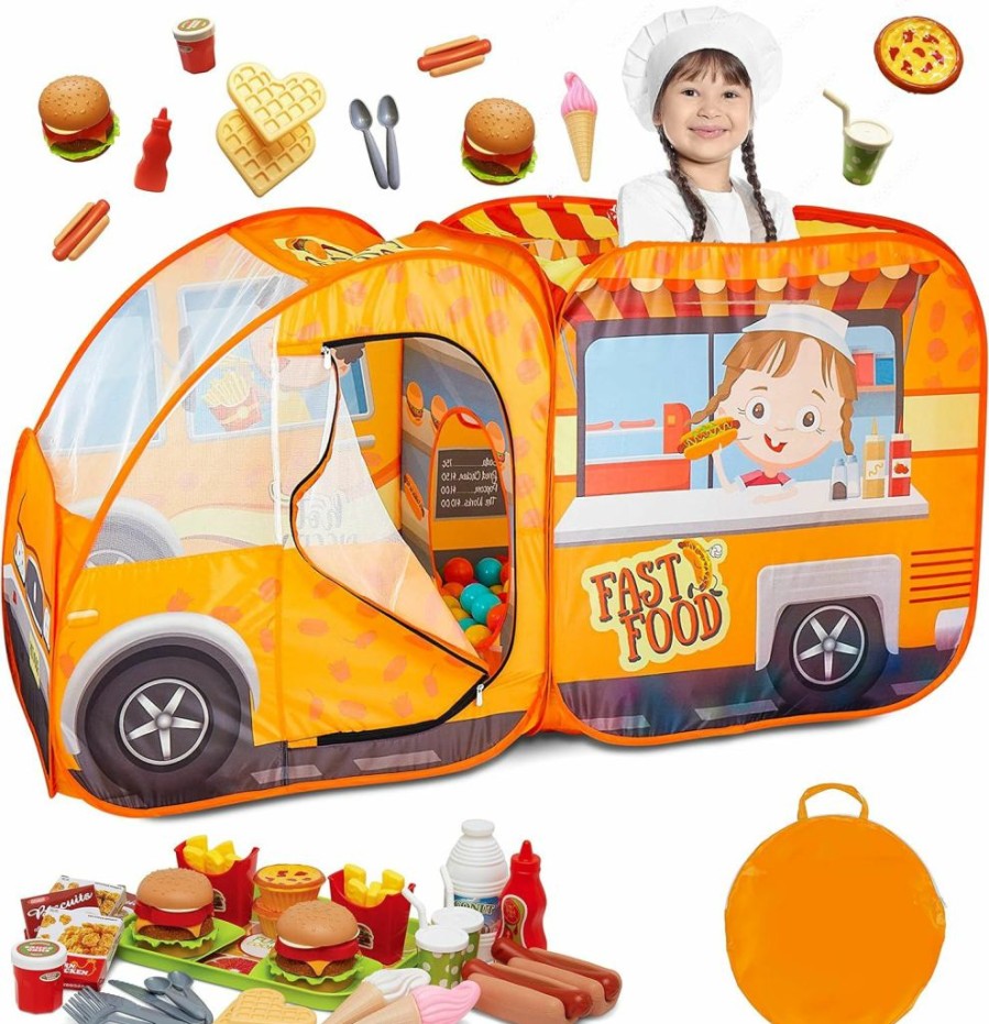 Kiddzery | Food Truck Play Tent With 54 Pc. Play Food Set, Pop Up Playhouse With Pretend Play Toy Food Set, Toddlers, Girls & Boys, Children'S Play Tent Ball Pit, Indoor & Outdoor Tent For Kids