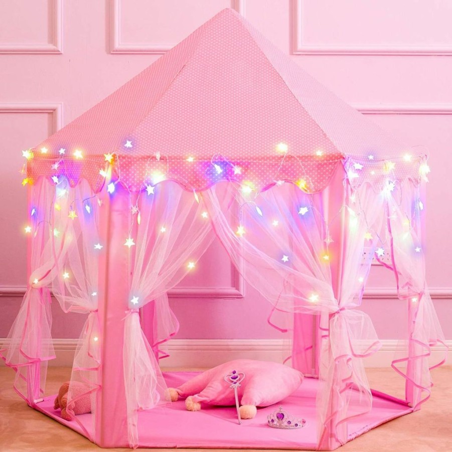 Gentle Monster | Princess Tent Girls Large Playhouse Kids Castle Play Tent With Star Lights, Bonus Princess Tiara And Wand Toy For Children Indoor & Outdoor Games, 55\" X 53\" Gifts Age 3+