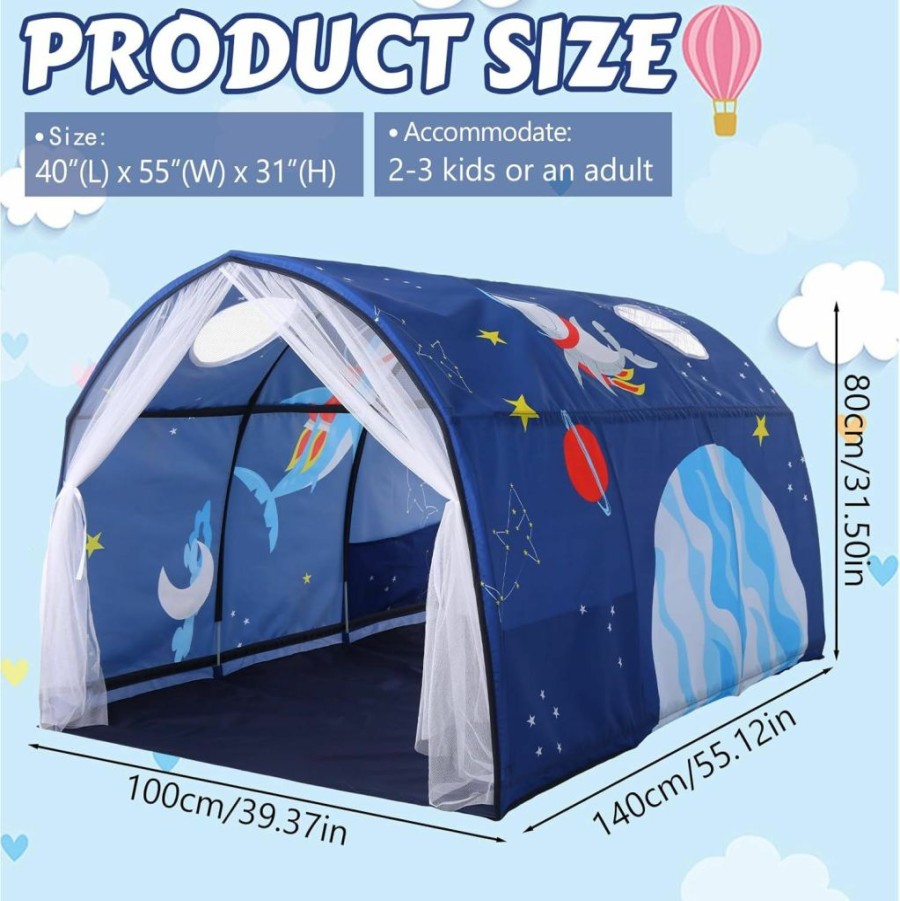 Berlune | Berlune Bed Tent Ocean Shark Kids Tent Portable Kids Play Tent Indoor Playhouse With Double Net Curtain Star String Light Carry Bag For Bedroom Decor Indoor Outdoor Games, 140 X 100 X 80 Cm, Blue