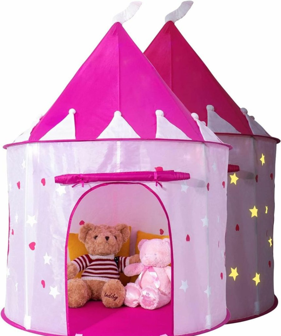 Allusweet | Princess Castle Play Tent With Glow In The Dark Stars, Foldable Pink Pop Up Kids Tent Playhouse Toys, For Indoor Outdoor Toddler Children Girls Gifts Tent Girls Toys Age 3/4/5/6/7/8/9 Years Old