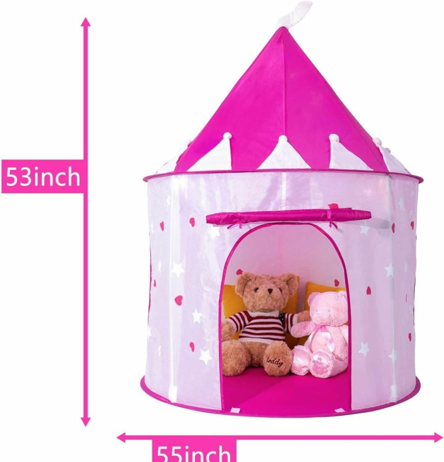 Allusweet | Princess Castle Play Tent With Glow In The Dark Stars, Foldable Pink Pop Up Kids Tent Playhouse Toys, For Indoor Outdoor Toddler Children Girls Gifts Tent Girls Toys Age 3/4/5/6/7/8/9 Years Old