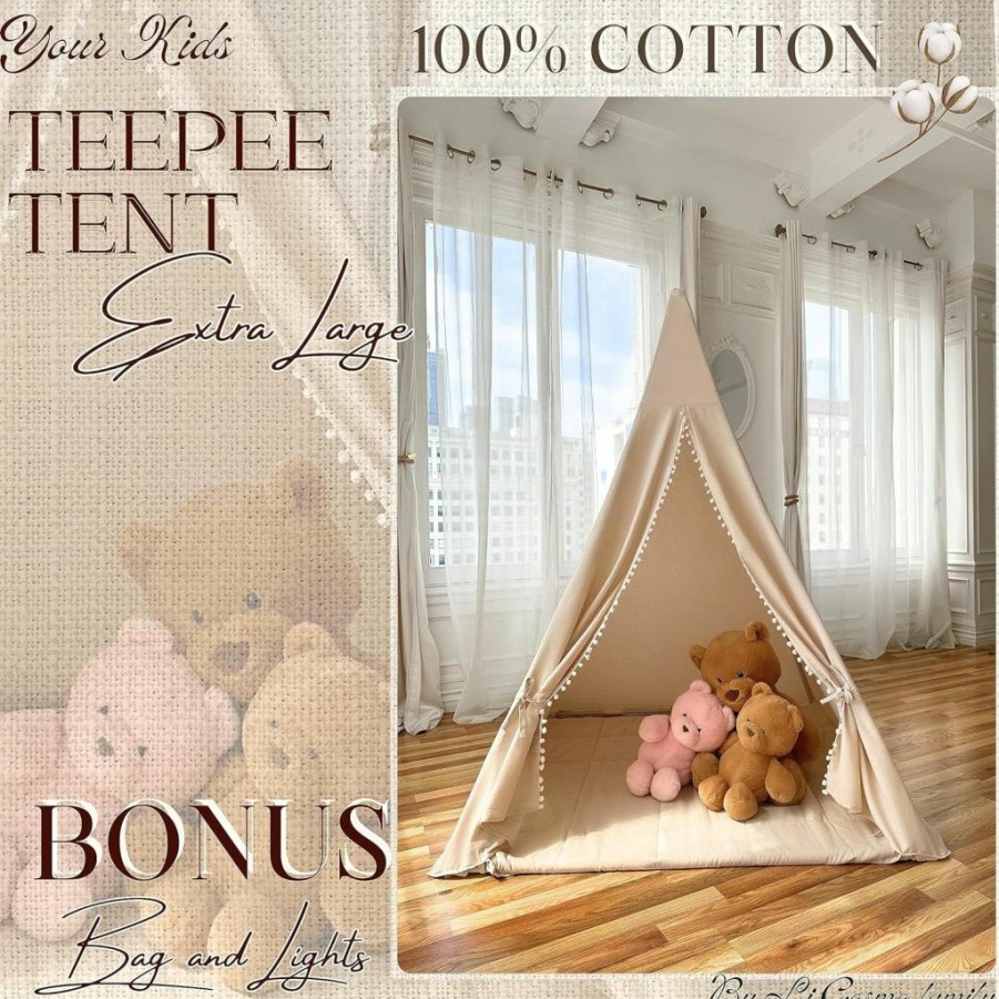 LiCosmo | Licosmo Extra Large Cotton Teepee Tent 55X55X70 With Carry Bag, 33Ft Battery Lights, Side Window, Inside And Outside Pockets, Kids Tent Indoor | Kids Play Tent, Cpsc Certified, Made In India With Love