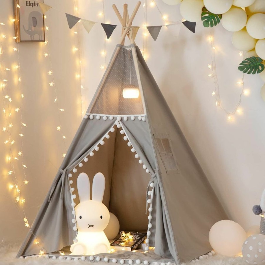 xiaowantong | Teepee Tent For Kids With Pom Pom - Grey Foldable Play Tent With Carry Bag For Indoor Outdoor, White Pompom Lace Cotton Canvas Playhouse Tipi For Girls Boys