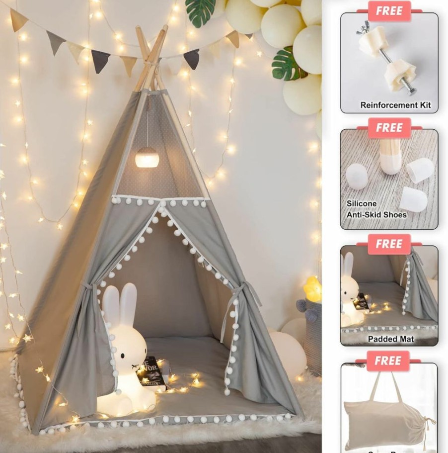 xiaowantong | Teepee Tent For Kids With Pom Pom - Grey Foldable Play Tent With Carry Bag For Indoor Outdoor, White Pompom Lace Cotton Canvas Playhouse Tipi For Girls Boys