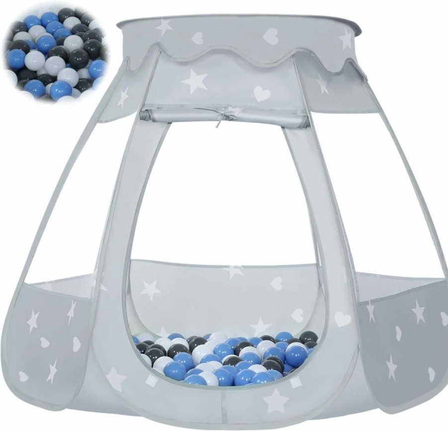 Wilhunter | Wilhunter Baby Ball Pit For Toddler With 50 Balls, Kids Pop Up Play Tent For Girls, Princess Toys Gifts For Children Indoor & Outdoor Playhouse (Black: Gray/White/Babyblue, 109X90Cm/50 Balls)