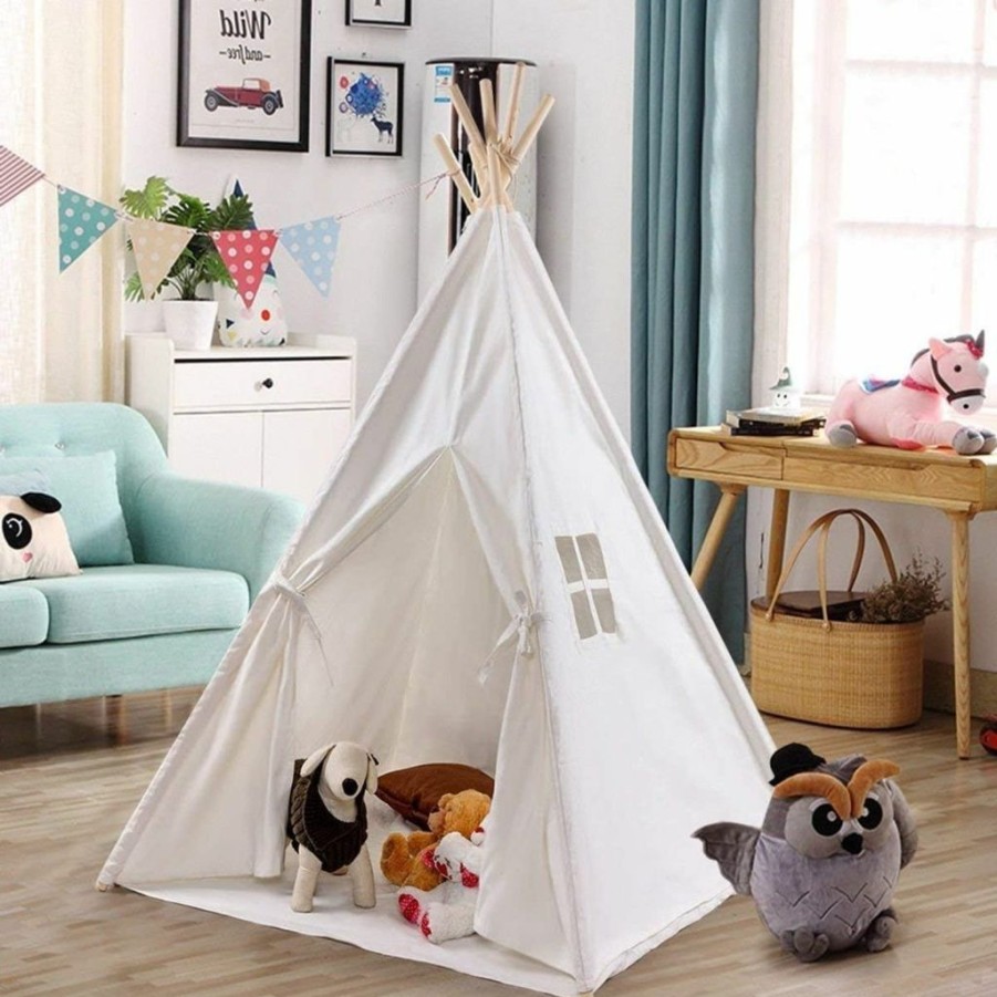 Costzon | Costzon Kid Teepee Tent, Classic Indian Tent, 5' Cotton Canvas Baby Children Playhut With Carry Bag, Walls, Door, Window And Floor, Play Tent For Toddlers Boys And Girls (Blue & White Stripe)