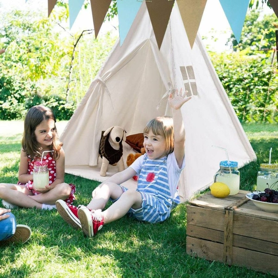 Costzon | Costzon Kid Teepee Tent, Classic Indian Tent, 5' Cotton Canvas Baby Children Playhut With Carry Bag, Walls, Door, Window And Floor, Play Tent For Toddlers Boys And Girls (Blue & White Stripe)