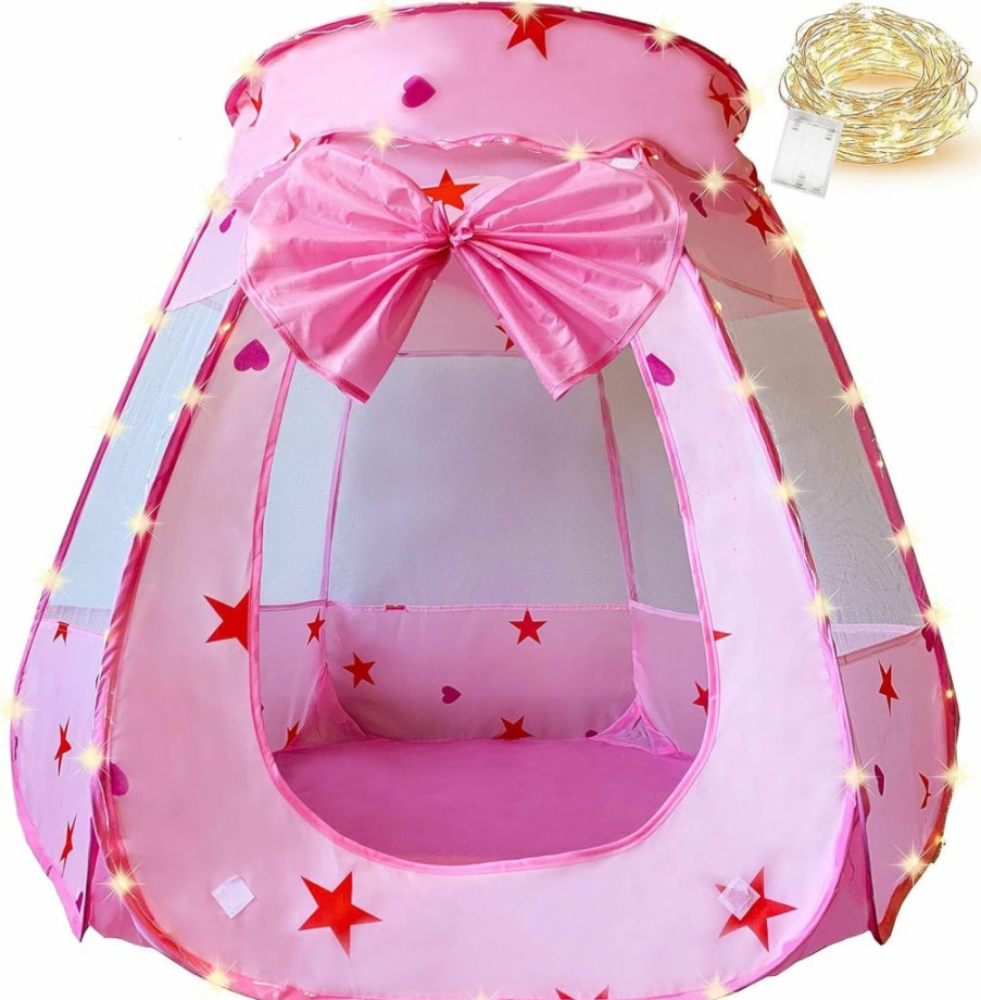 KingBee | Kingbee Pink Princess Pop Up Play Tent Ball Pit With Lights, Toys Gifts For Kids Girls Boys 3 4 5 6 Year Old, Baby And Toddler Will Love It. Easy Pop Up No Assembly Required, Indoor Outdoor Use (Blue)