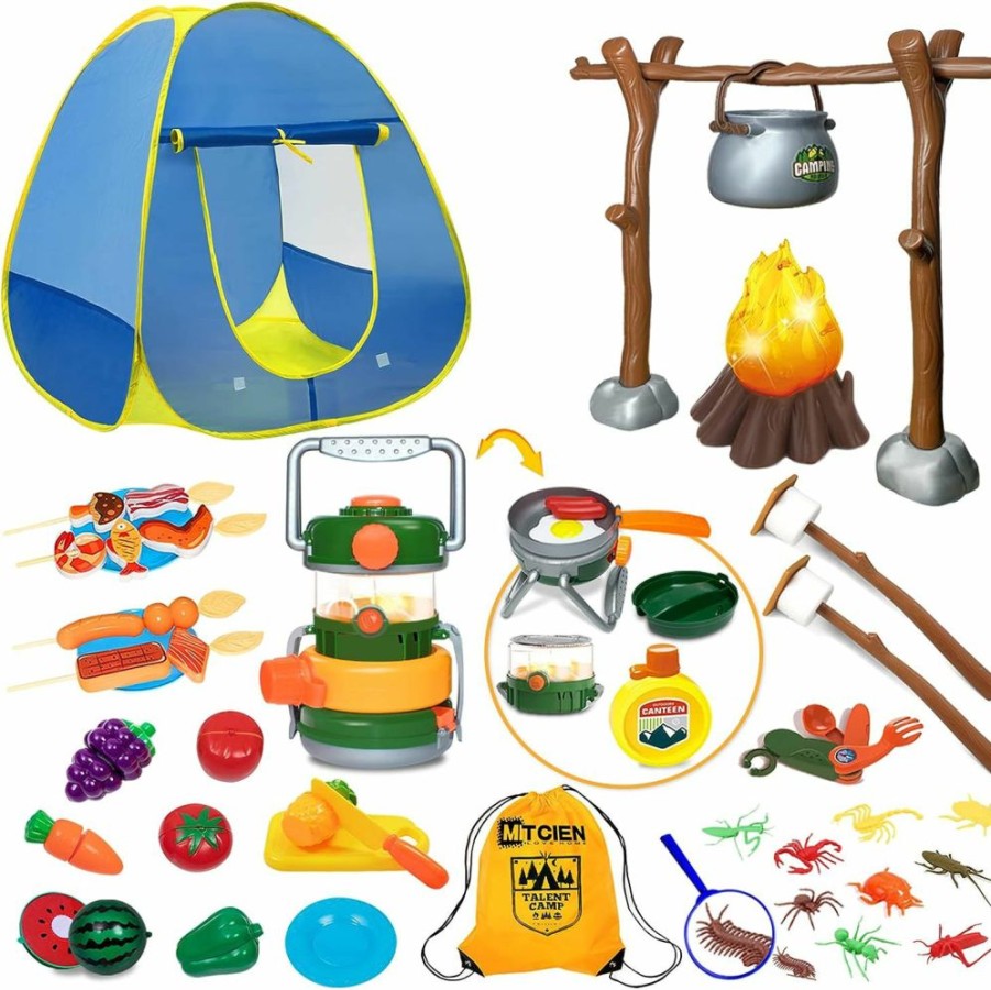 MITCIEN | Mitcien Kids Play Tent With Campfire, Toddlers Camping Set, Oil Lantern With Sound, Cut Up Fruits, Marshmallow, Skewers, Pretend Camping Toys For 3 4 5 6+ Year Old Boys And Girls