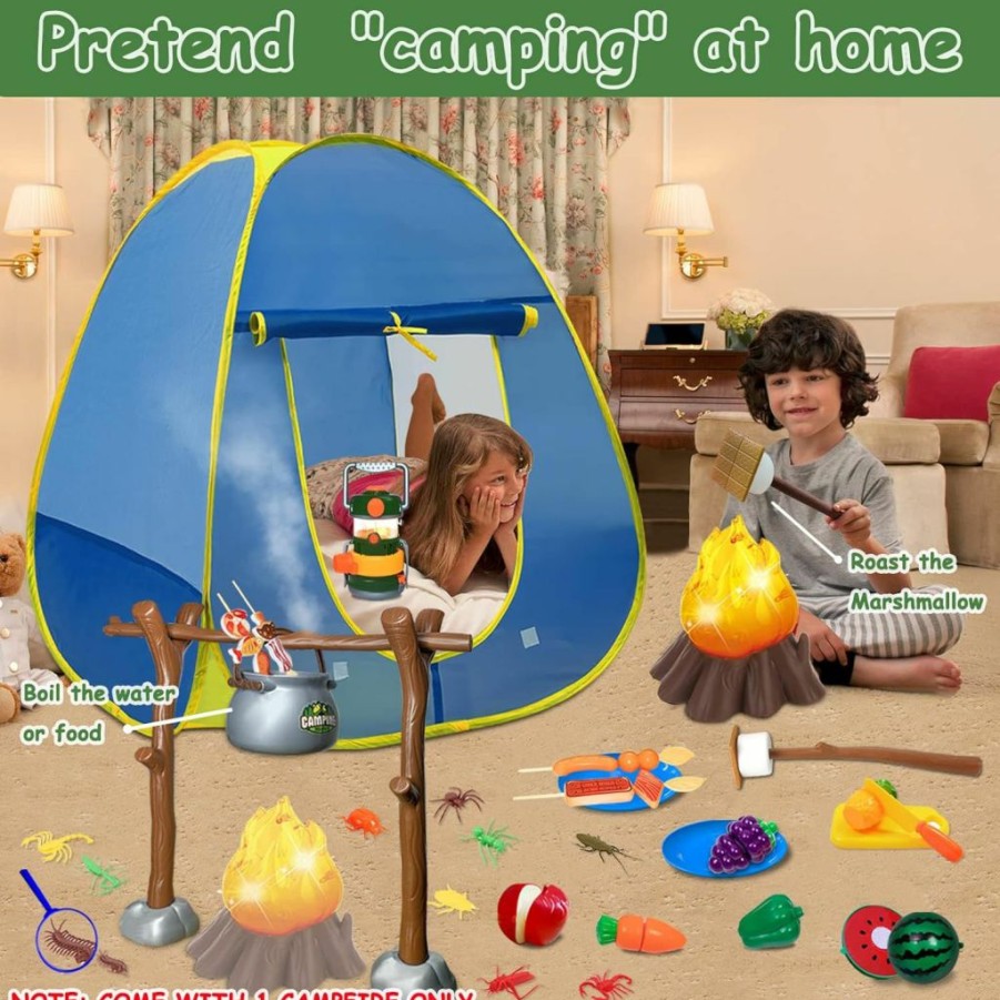 MITCIEN | Mitcien Kids Play Tent With Campfire, Toddlers Camping Set, Oil Lantern With Sound, Cut Up Fruits, Marshmallow, Skewers, Pretend Camping Toys For 3 4 5 6+ Year Old Boys And Girls