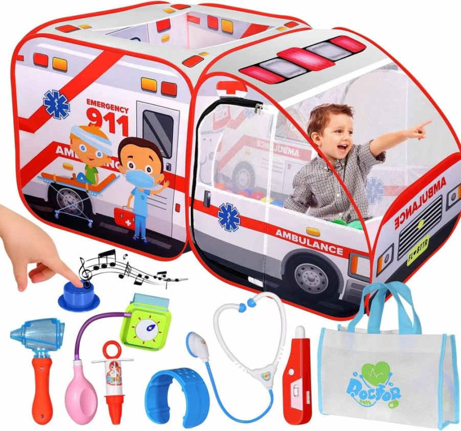 Kiddzery | Ambulance Pop-Up Play Tent For Kids With Sounds, Doctor Kit & Ball Pit For Toddlers & Up - Easy Setup Pop Up Toy For Indoor & Outdoor, Emergency Vehicle Playset, Pretend Play, Great Gift