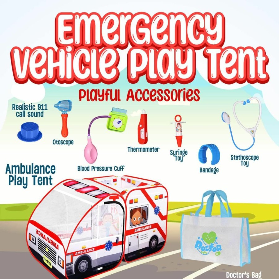 Kiddzery | Ambulance Pop-Up Play Tent For Kids With Sounds, Doctor Kit & Ball Pit For Toddlers & Up - Easy Setup Pop Up Toy For Indoor & Outdoor, Emergency Vehicle Playset, Pretend Play, Great Gift