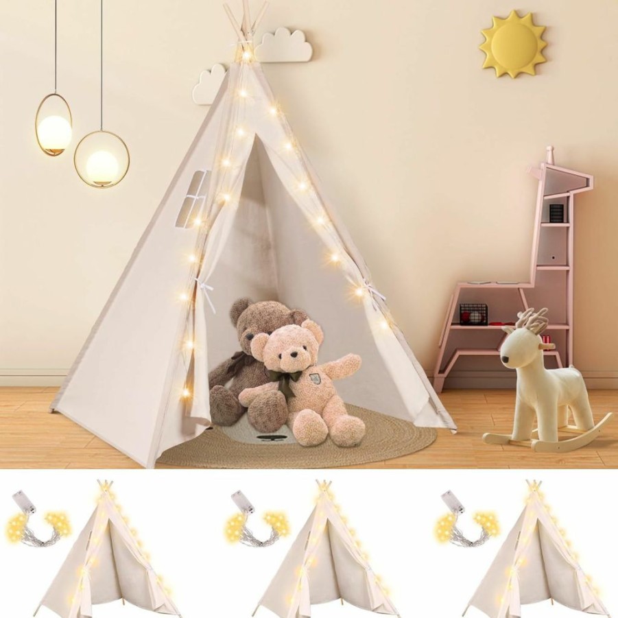 Gmurnai | 3 Pcs Teepee Tent For Kids, Play Tents With Star String Lights, Cotton Canvas Toddler Tent - Washable Foldable Teepee Tent For Kids Indoor Tent For Girls/Boys Indoor & Outdoor Playing Toys