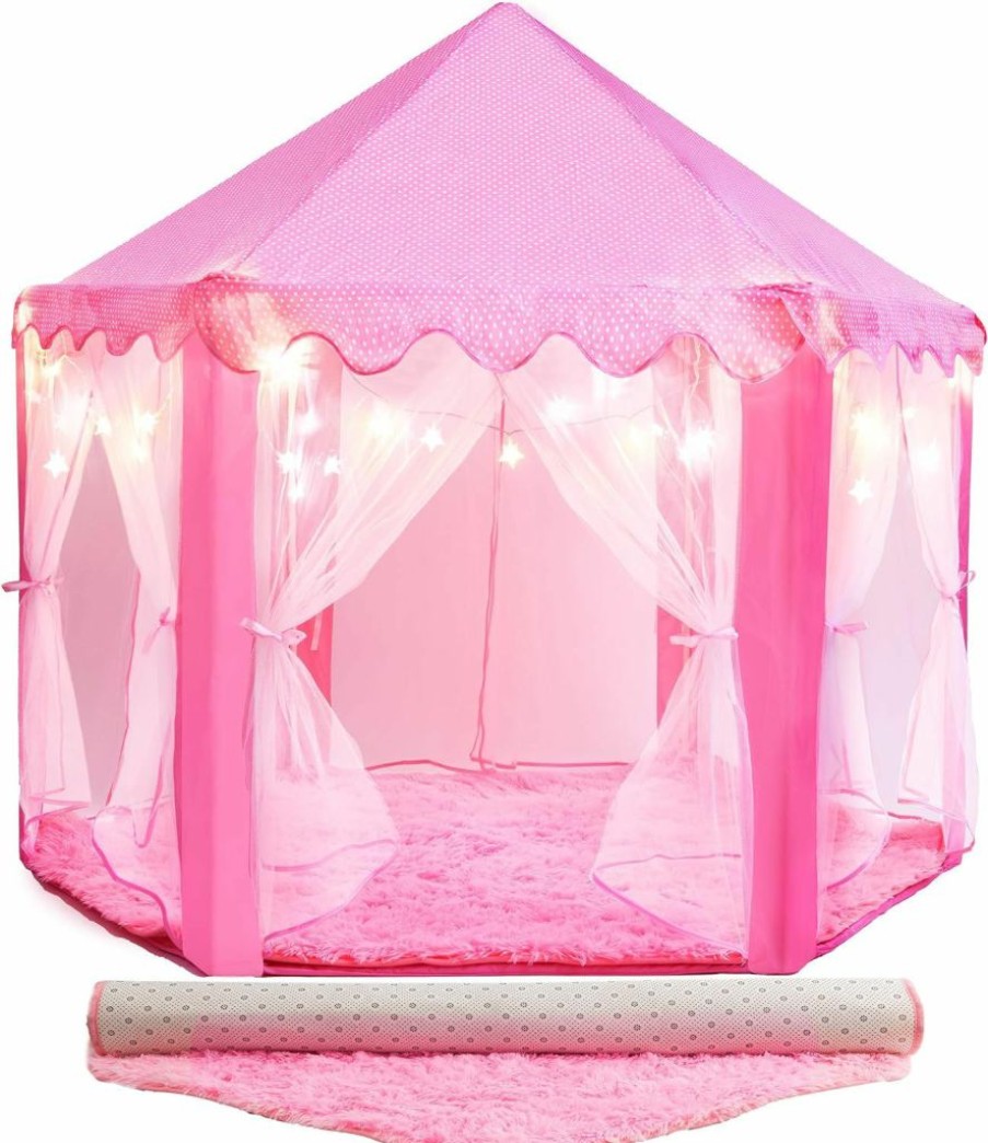 PLAYVIBE | Princess Tent For Kids - Includes Ultra Soft Rug & Led Star Lights | Princess Castle Little Girls Play Tent | Astm Certified | 55 X 53 Inch | Kid Playhouse Toys | For 3/4/5/6/7/8/9 Year Old