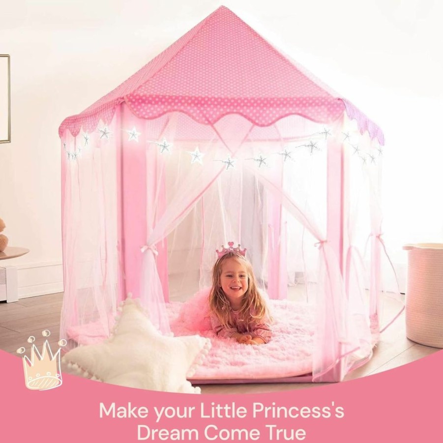 PLAYVIBE | Princess Tent For Kids - Includes Ultra Soft Rug & Led Star Lights | Princess Castle Little Girls Play Tent | Astm Certified | 55 X 53 Inch | Kid Playhouse Toys | For 3/4/5/6/7/8/9 Year Old