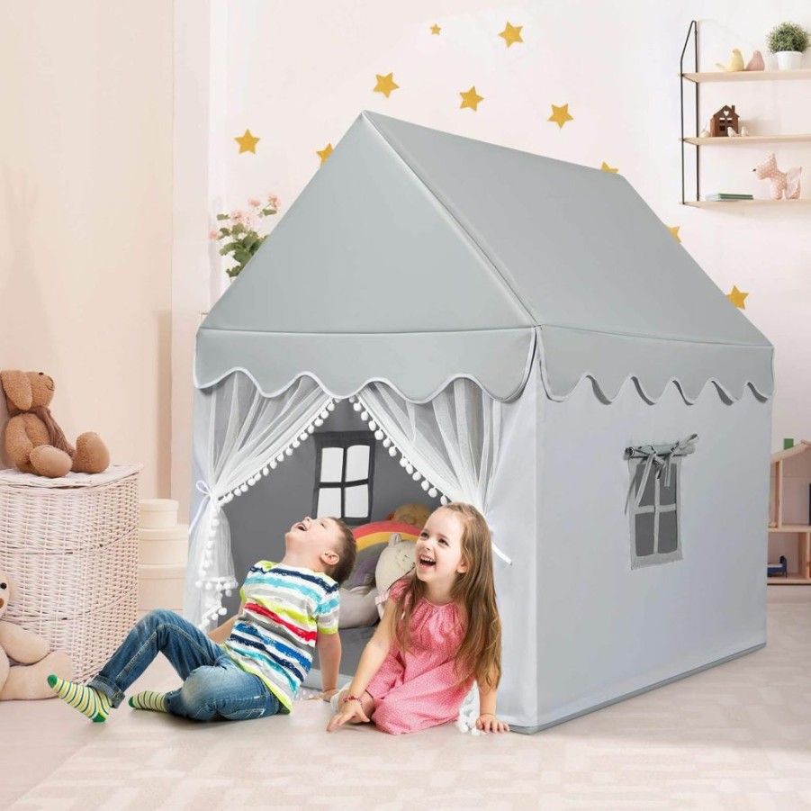 Costzon | Costzon Kids Play Tent, Large Playhouse W/Washable Mat, Windows, Solid Wood Frame, Indoor Outdoor Princess Tent For Children Boys & Girls, Castle Fairy Tent, Holiday Birthday Gift (Gray)