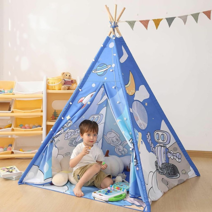 YiiMee | Teepee Tent For Kids, Space Robot Theme Indoor And Portable Game Room Tent With Storage Bags For Boys, Girls, Toddler Tent, (Space Blue)