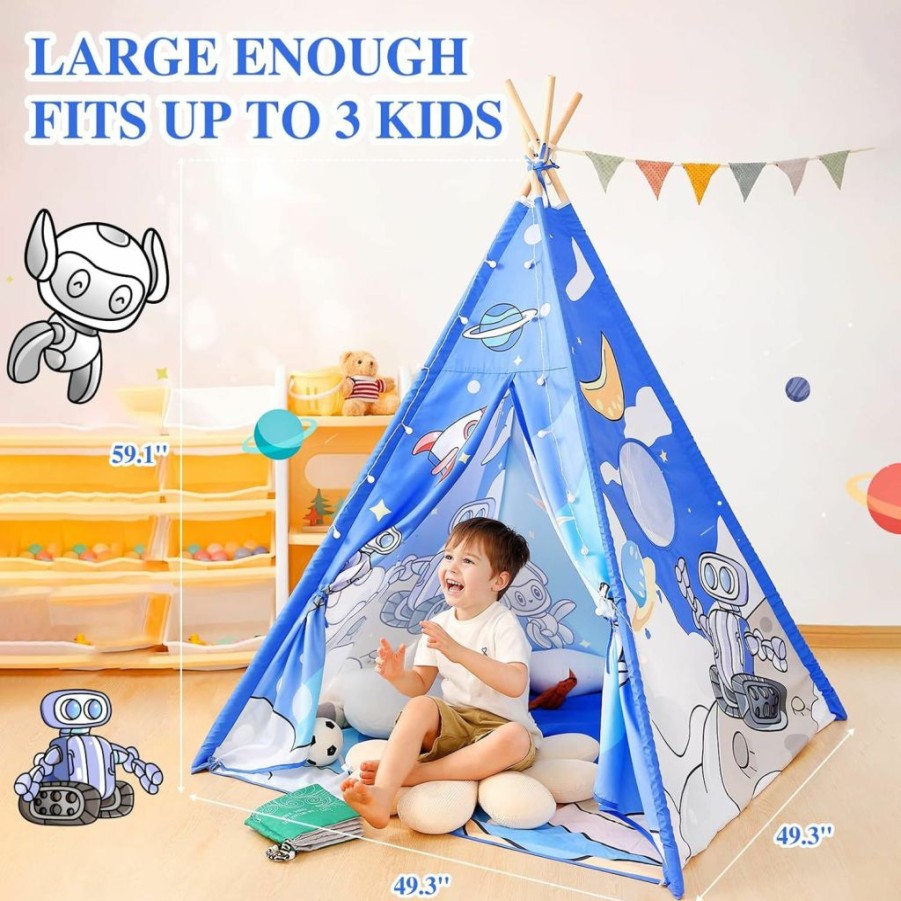 YiiMee | Teepee Tent For Kids, Space Robot Theme Indoor And Portable Game Room Tent With Storage Bags For Boys, Girls, Toddler Tent, (Space Blue)