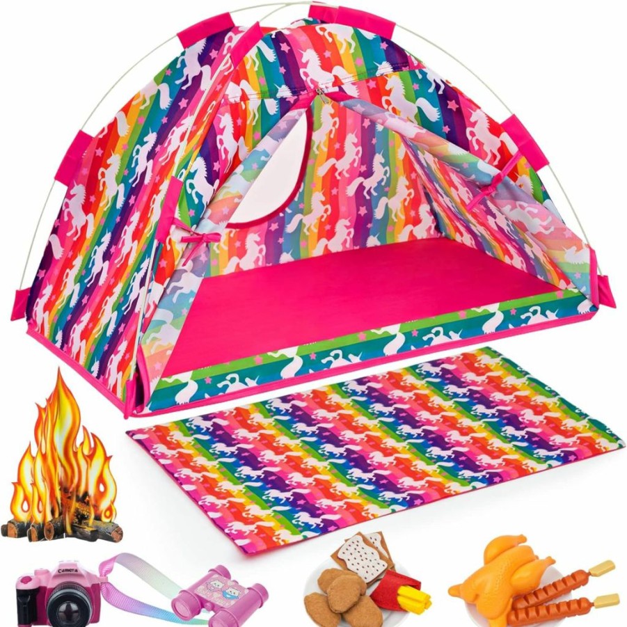 UNICORN ELEMENT | Unicorn Element 18 Inch Girl Unicorn Dolls Camping Tent Set And Accessories Including Chocolate Cookies Chicken Nuggets Paper Campfire Roast Chicken Binoculars Etc