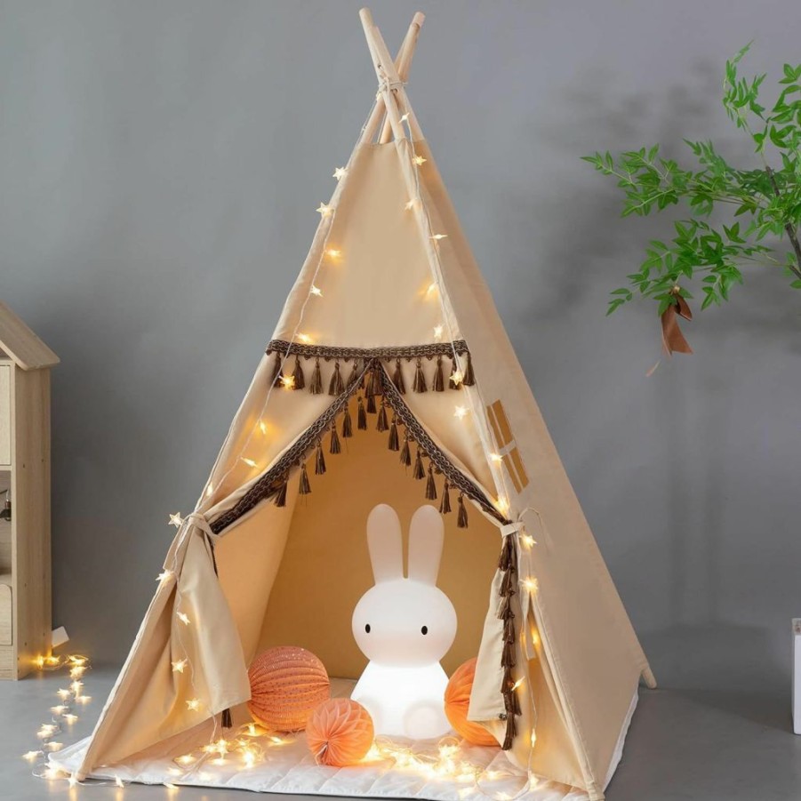 xiaowantong | Teepee Tent For Kids With Tassels - Foldable Play Tent With Carry Bag For Indoor Outdoor (Khaki)