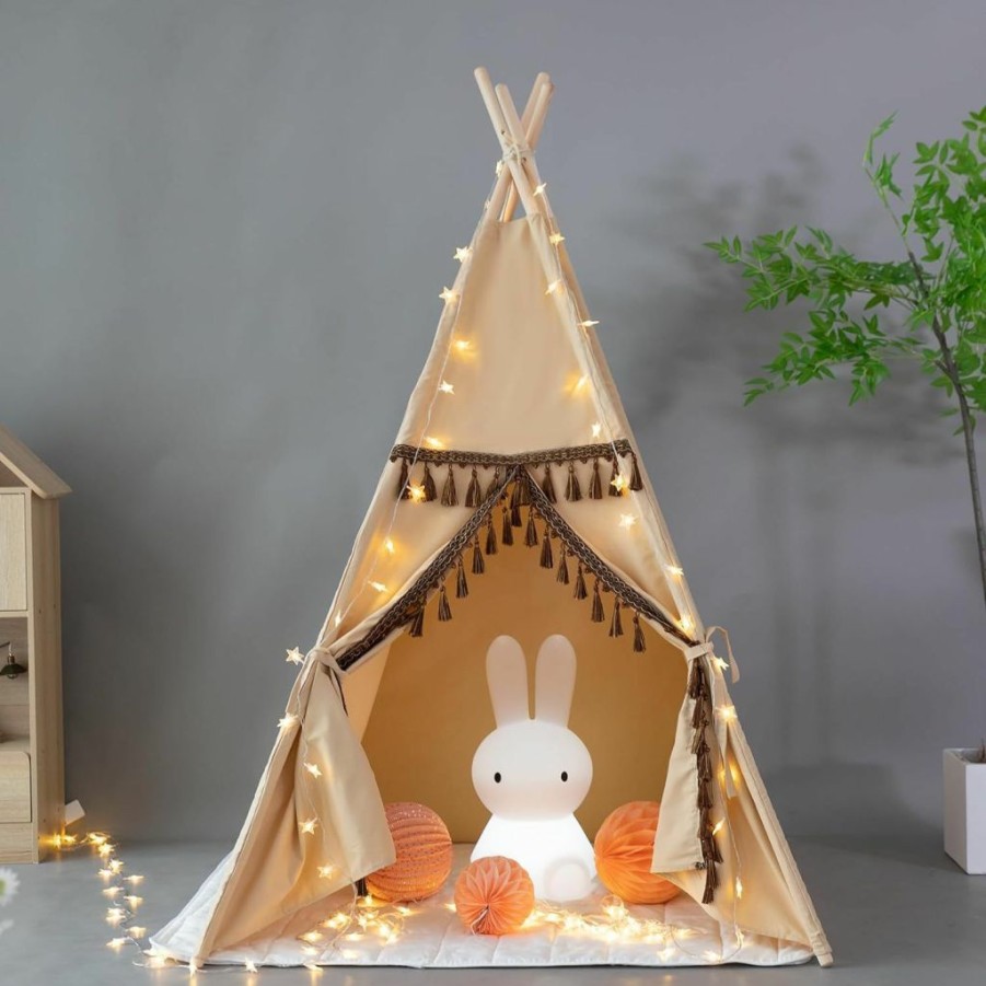 xiaowantong | Teepee Tent For Kids With Tassels - Foldable Play Tent With Carry Bag For Indoor Outdoor (Khaki)