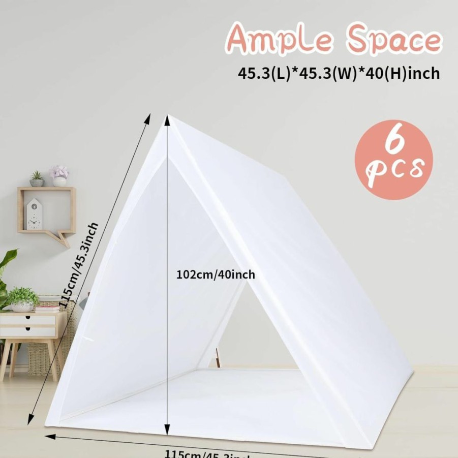 Windyun | Windyun 6 Pcs 45.3'' X 45.3'' X 40'' Teepee Tent For Kids Tent Indoor, Foldable Toddler Tent Kids Play Tent White Sleepover Tent Toddler Tents Indoor Boys Girls Washable Slumber Party Tents