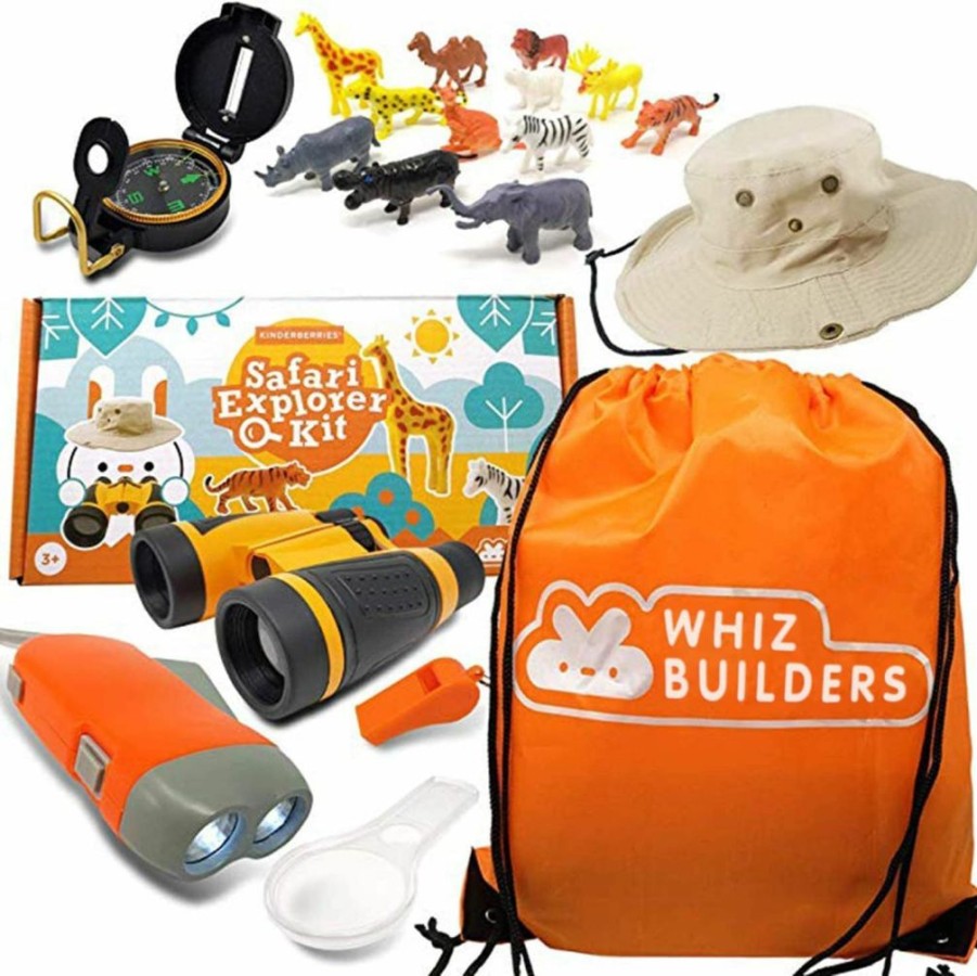 WhizBuilders | Whizbuilders Outdoor Kids Adventure Kit - Explorer Kit With Binoculars, Animal Figurines, Flashlight, Safari Hat, Magnifying Glass, Compass, Camping Toys For Boys & Girls Age 3-12 Year Old