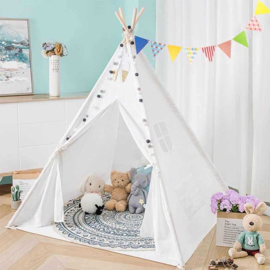 SISTICKER | Sisticker Teepee Tent For Kids With Feathers Bunting Carry Bag - Kids Gifts For Girls And Boys Children Toys - Foldable Large Playhouse Indoor And Outdoor (White)