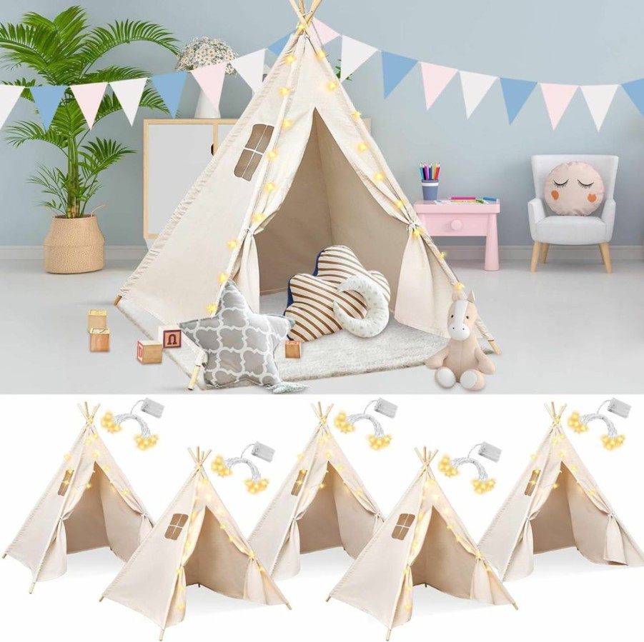 Woanger | Woanger 6 Set Teepee Tent For Kids With 10Ft Light String Set Foldable Play Tent Cotton Canvas Child Tent Led Star Lights For Indoor Outdoor Playhouse Toddler Girls Boys House Room (White)