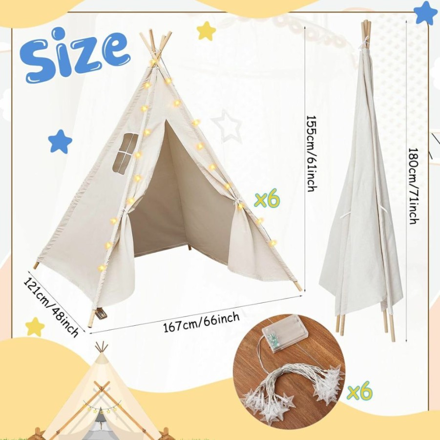 Woanger | Woanger 6 Set Teepee Tent For Kids With 10Ft Light String Set Foldable Play Tent Cotton Canvas Child Tent Led Star Lights For Indoor Outdoor Playhouse Toddler Girls Boys House Room (White)